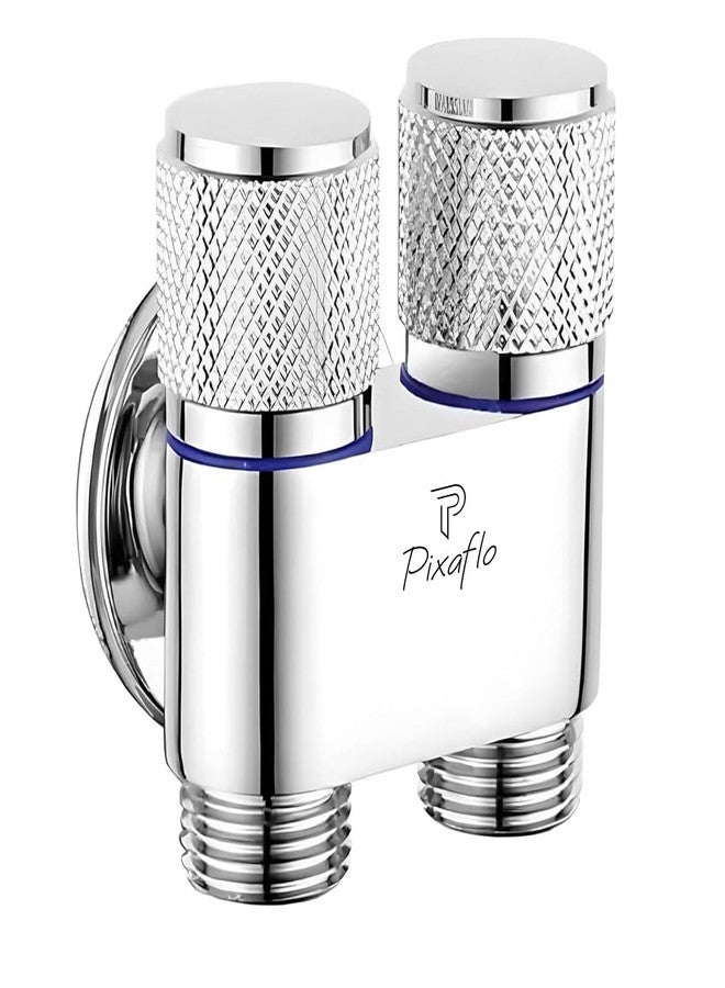 Pixaflo Compact Brass 2 Way Angle Cock | 2-in-1 Angle Valve with Wall Flange | Chrome Finish For Bathroom, Toilet, Wash Basin - Image 1